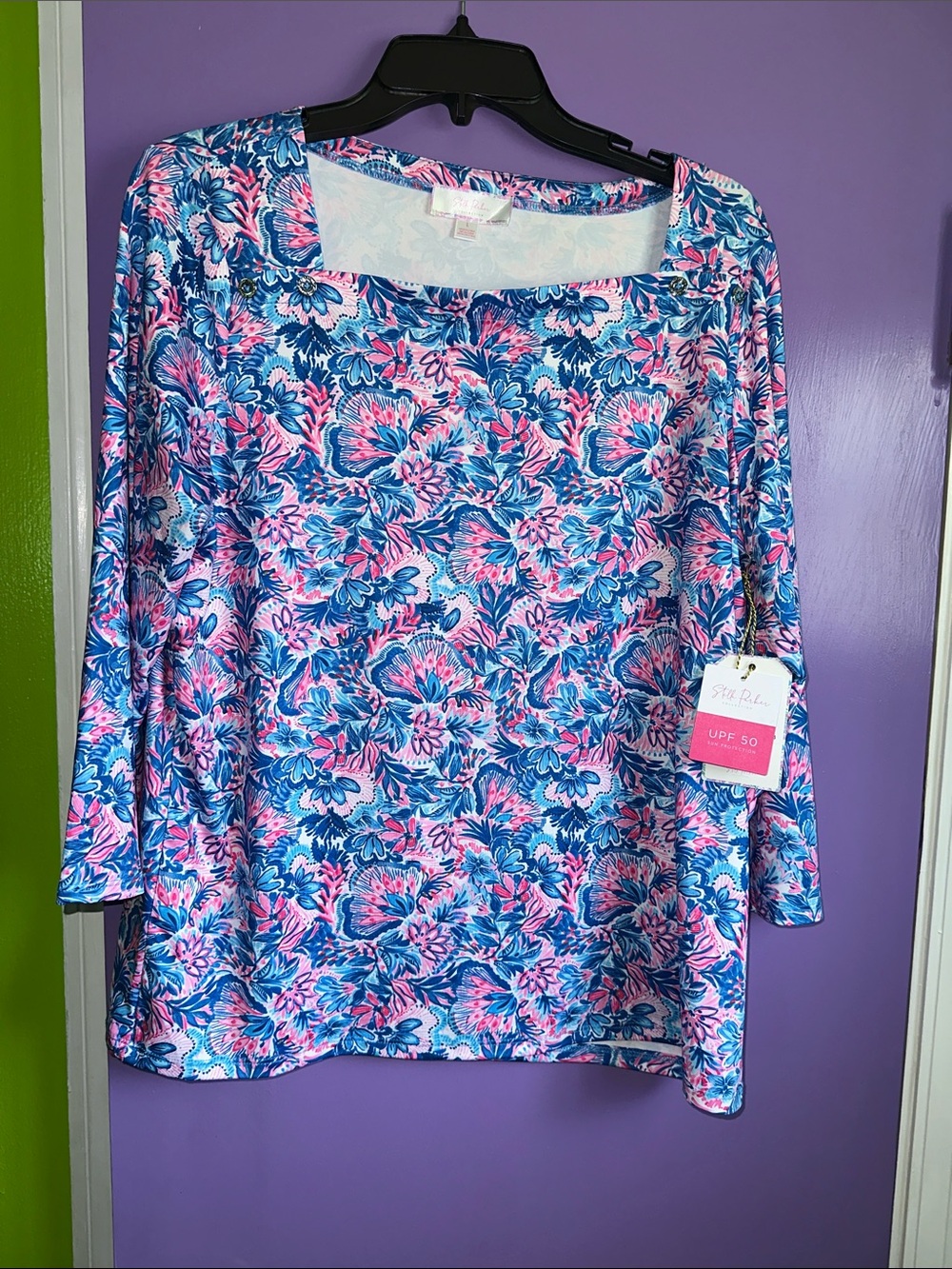Floral Scoop Neck Long Sleeve Top in Pink and Blue active wear pastel colors